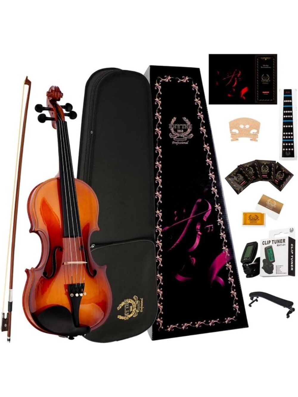 Beginner Acoustic Violin Set with Hard Case, Bow, Rosin & Extra Strings - Full